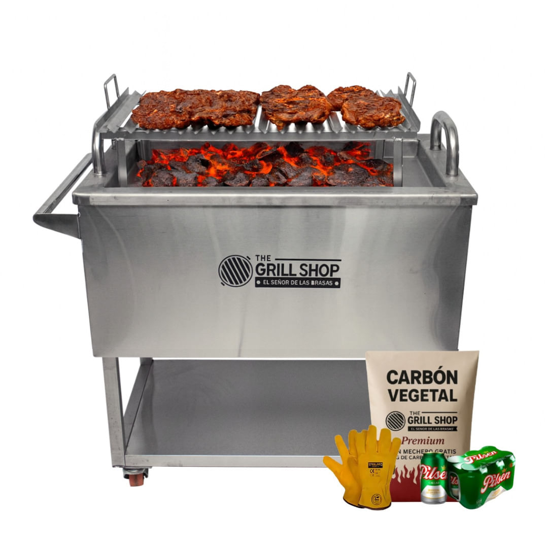 Caja China Grande Acero Inoxidable + carbón + cerveza + guantes